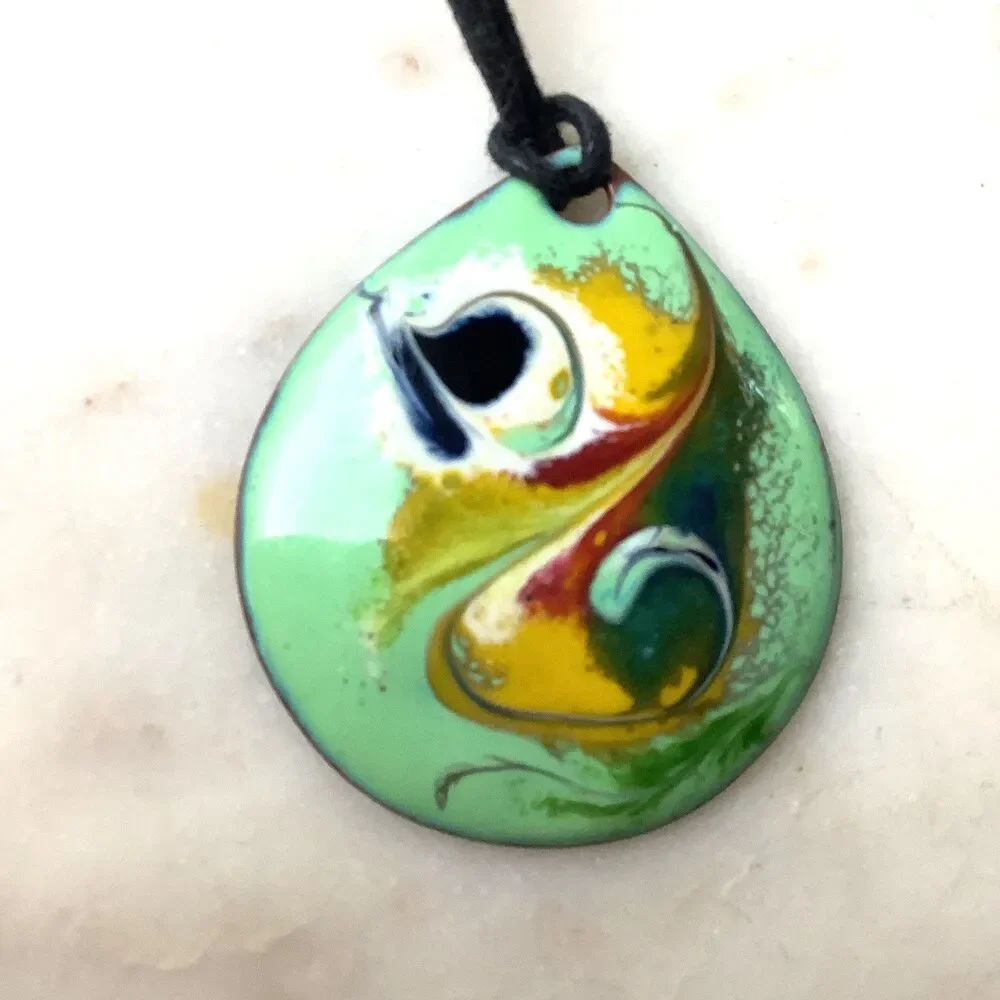 Copper Enamel Pendant Meab Ireland Swirl Necklace Artisan Retro Jewelry